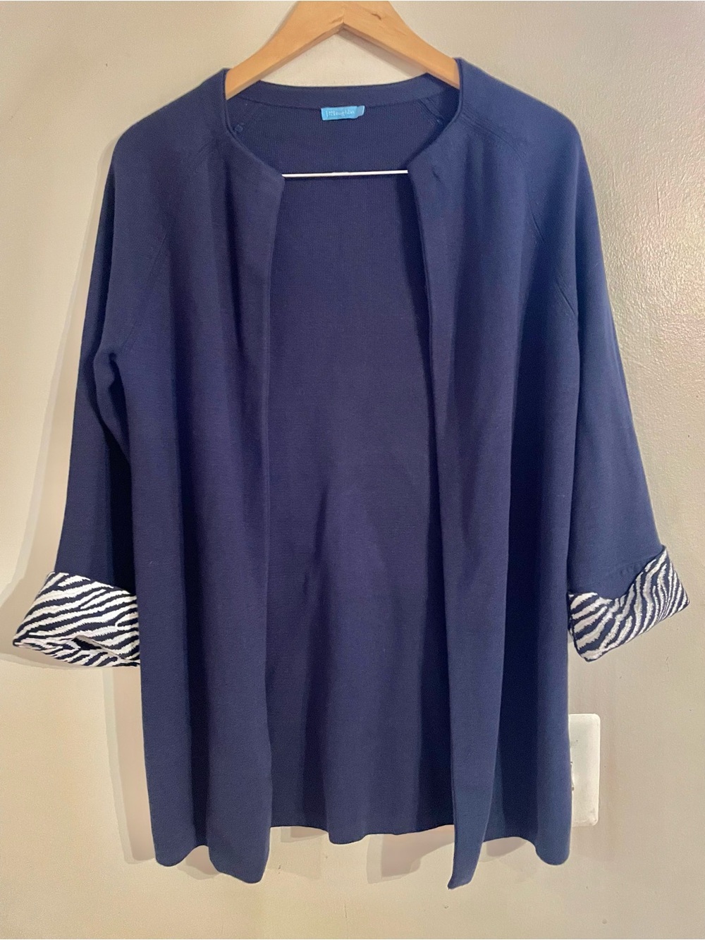 NWOT- J McLaughlin Women’s Sz XS Corver Navy Open Cardigan Sweater Zebra Cuff